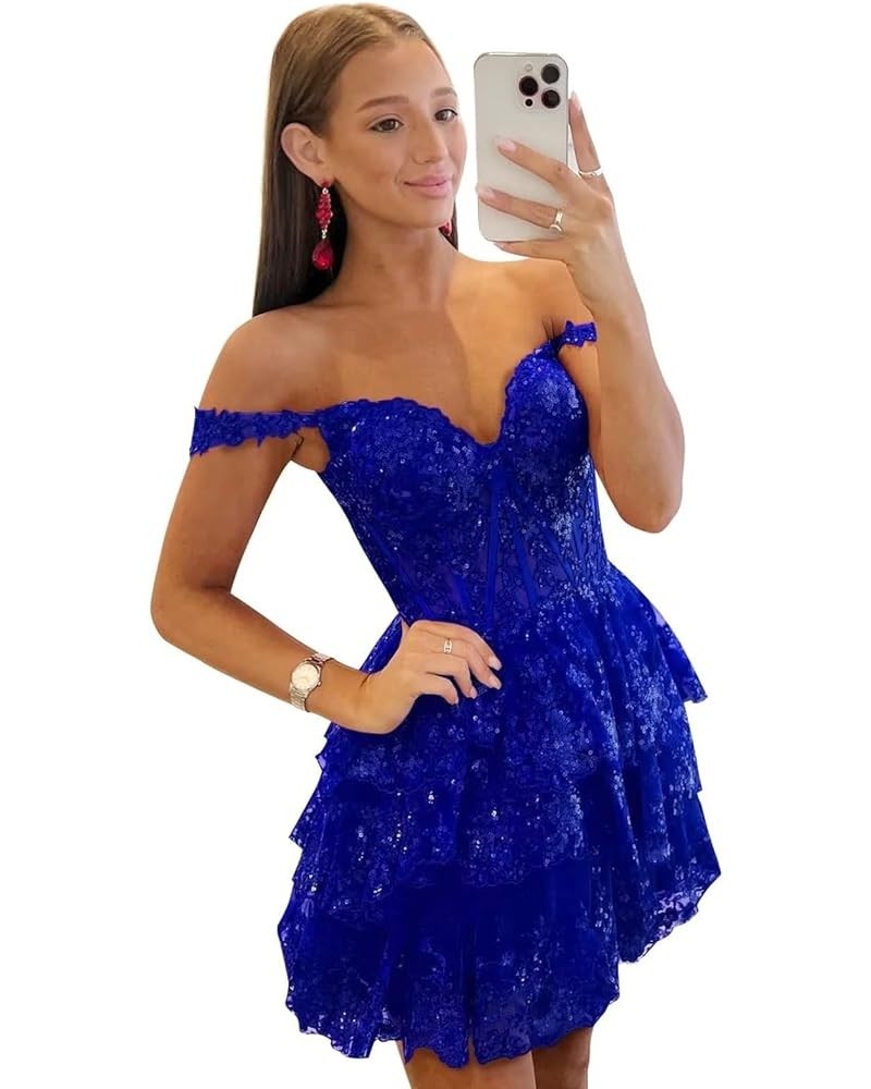 Tiered Lace Homecoming Dresses Short Sequin A Line Prom Dresses Off The Shoulder Party Gown for Women Royal Blue $31.47 Dresses