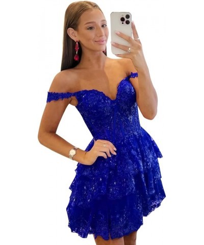 Tiered Lace Homecoming Dresses Short Sequin A Line Prom Dresses Off The Shoulder Party Gown for Women Royal Blue $31.47 Dresses