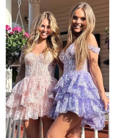 Tiered Lace Homecoming Dresses Short Sequin A Line Prom Dresses Off The Shoulder Party Gown for Women Royal Blue $31.47 Dresses