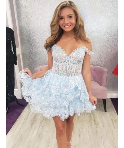 Tiered Lace Homecoming Dresses Short Sequin A Line Prom Dresses Off The Shoulder Party Gown for Women Royal Blue $31.47 Dresses