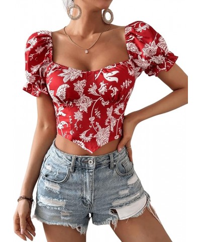 Women's Short Puff Sleeve Square Neck Crop Top Casual Floral Print Shirred Slim Fit Blouse Red Floral $14.24 Blouses