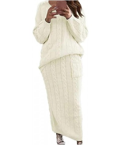 Women's 2 Piece Sweater Outfit Sets Winter Chunky Cable Knit Long Skirt Dress Long Sleeve Sweaters Beige $26.09 Sweaters