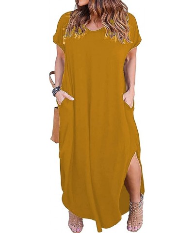 Women's Plus Size Dresses Casual Loose Pocket Short Sleeve Slits Plus Size Long Maxi Dress XL-5X Yellow $15.05 Dresses