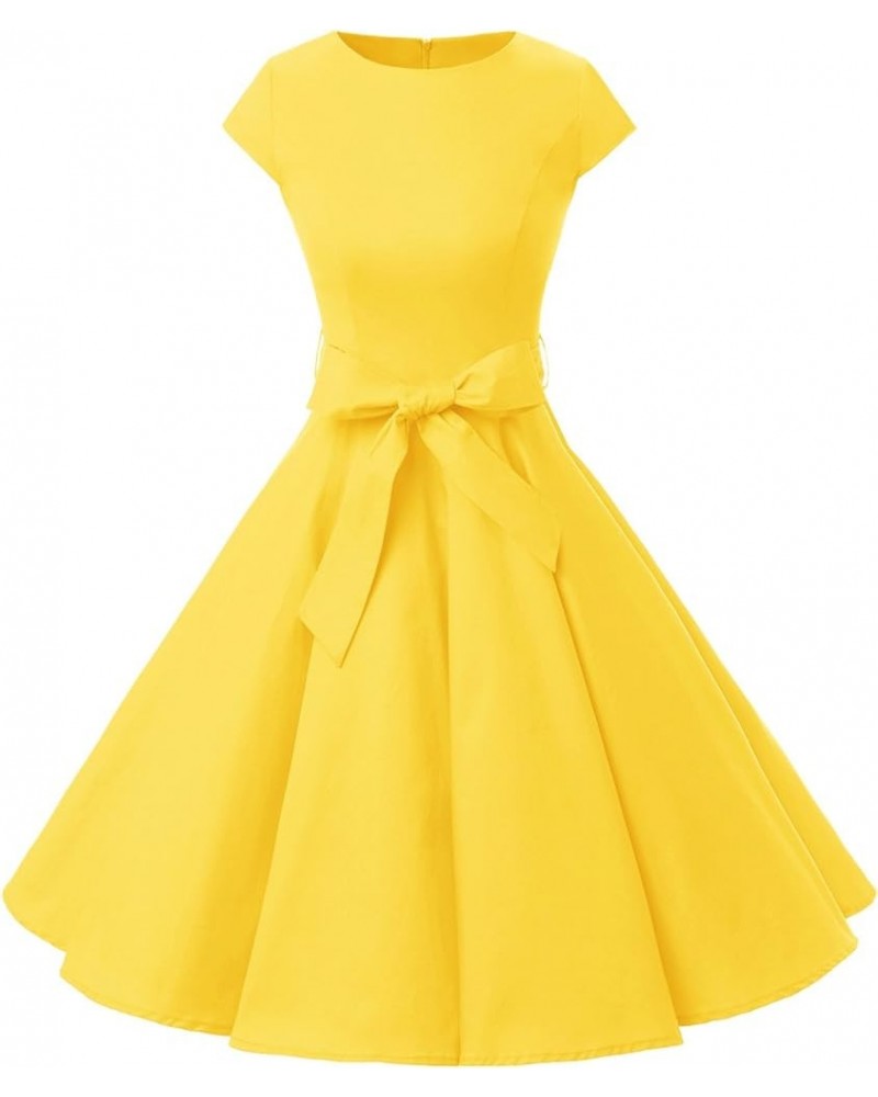 Women Vintage 1950s Retro Rockabilly Prom Dresses Cap-Sleeve 01-yellow $14.53 Dresses