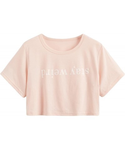 Women's Summer Letter Print Crop Top T-Shirts Casual Short Sleeve Cropped Tee Pure Pink $14.99 T-Shirts