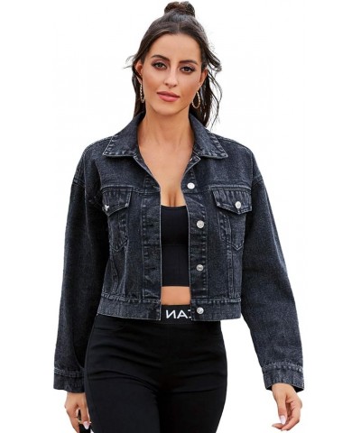 Cropped Denim Jean Jacket Long Sleeve A-black $22.56 Jackets