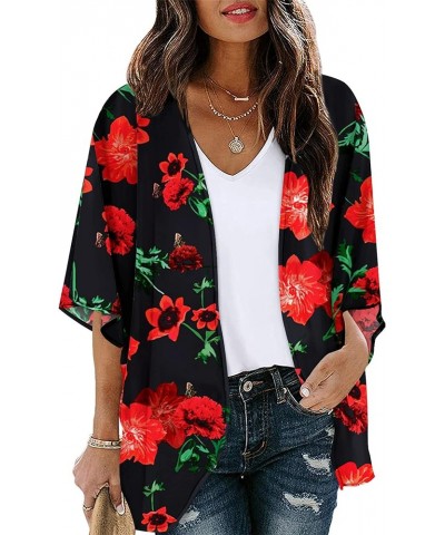 Women Floral Chiffon Kimono Cardigan Loose Cover Up Casual Blouse Top Red Flower $10.19 Swimsuits