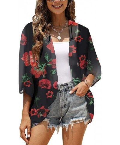 Women Floral Chiffon Kimono Cardigan Loose Cover Up Casual Blouse Top Red Flower $10.19 Swimsuits