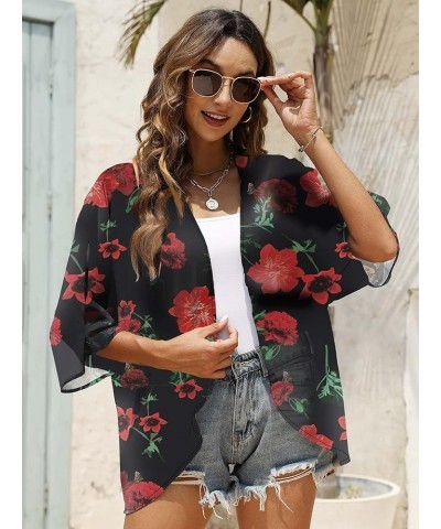 Women Floral Chiffon Kimono Cardigan Loose Cover Up Casual Blouse Top Red Flower $10.19 Swimsuits