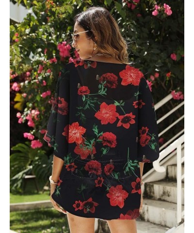 Women Floral Chiffon Kimono Cardigan Loose Cover Up Casual Blouse Top Red Flower $10.19 Swimsuits