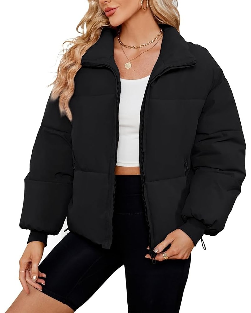 Women’s Winter Puffer Jackets Coat Cropped Quilted Jacket Pockets Short Zip Stand Collar Long Sleeve Padded Black $20.70 Jackets