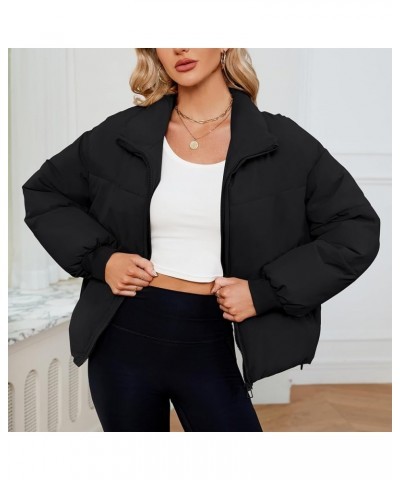 Women’s Winter Puffer Jackets Coat Cropped Quilted Jacket Pockets Short Zip Stand Collar Long Sleeve Padded Black $20.70 Jackets