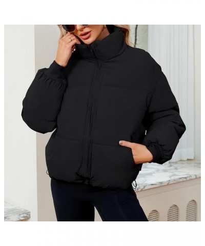 Women’s Winter Puffer Jackets Coat Cropped Quilted Jacket Pockets Short Zip Stand Collar Long Sleeve Padded Black $20.70 Jackets