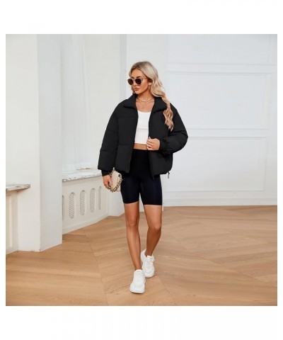 Women’s Winter Puffer Jackets Coat Cropped Quilted Jacket Pockets Short Zip Stand Collar Long Sleeve Padded Black $20.70 Jackets