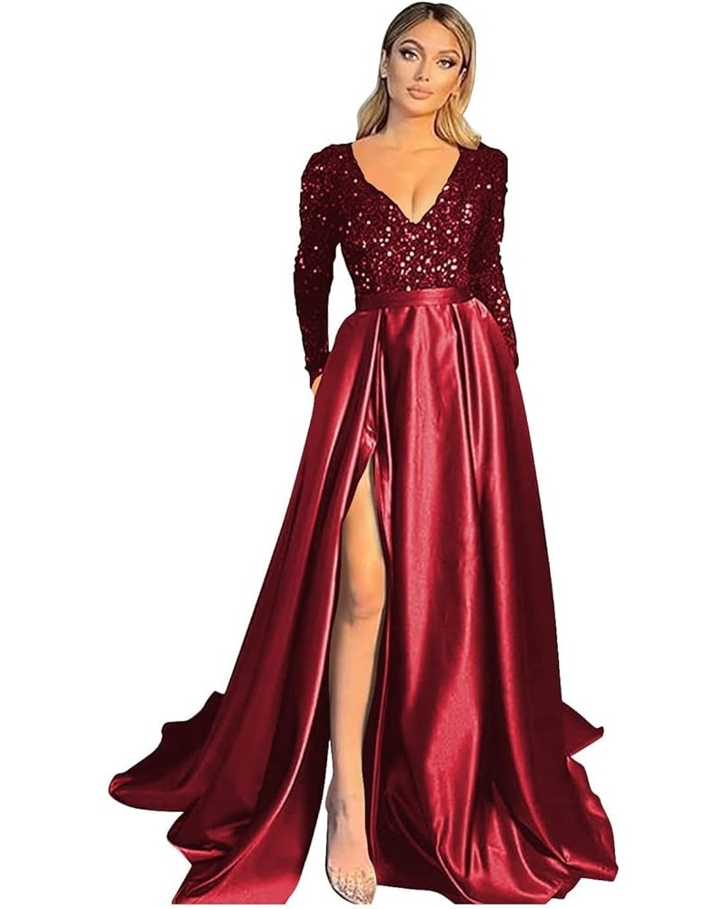 Long Sleeve Prom Dresses 2024 Satin Bridesmaid Dress V Neck Sequin Ball Gowns for Women Formal Evening Gown with Slit Wine $3...