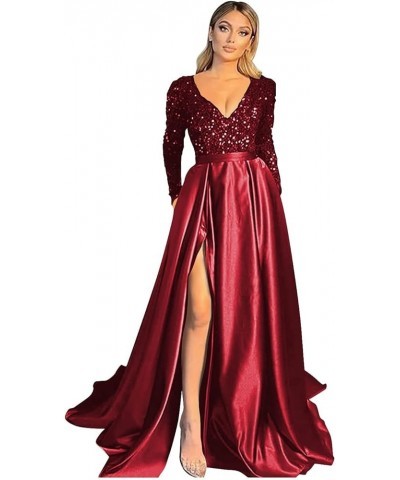 Long Sleeve Prom Dresses 2024 Satin Bridesmaid Dress V Neck Sequin Ball Gowns for Women Formal Evening Gown with Slit Wine $3...