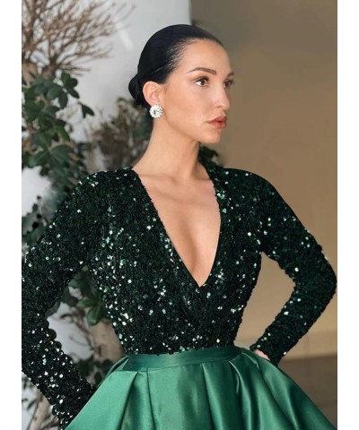 Long Sleeve Prom Dresses 2024 Satin Bridesmaid Dress V Neck Sequin Ball Gowns for Women Formal Evening Gown with Slit Wine $3...