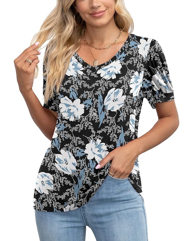 Women Summer Tops Casual V-Neck T-Shirts Loose Puff Short Sleeve Tunic Blouse White Lily $10.56 T-Shirts