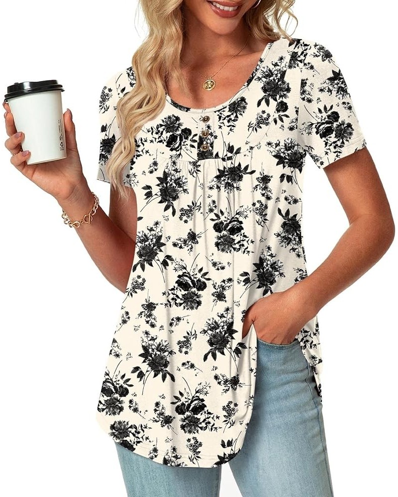 2024 Women's Spring-Summer Casual Short Sleeve Tunic Tops Ruffle Button Loose Blouse T-Shirts with Leggings 11-black Flower W...