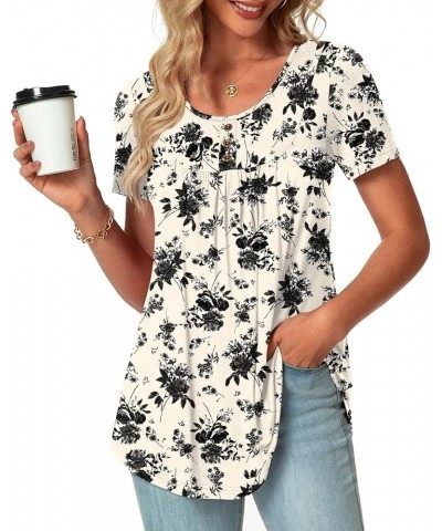 2024 Women's Spring-Summer Casual Short Sleeve Tunic Tops Ruffle Button Loose Blouse T-Shirts with Leggings 11-black Flower W...