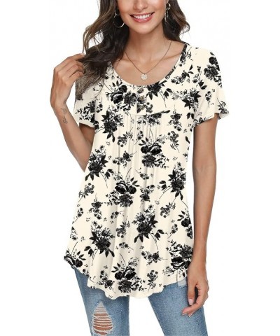 2024 Women's Spring-Summer Casual Short Sleeve Tunic Tops Ruffle Button Loose Blouse T-Shirts with Leggings 11-black Flower W...