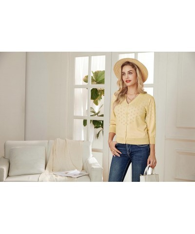 Women's 3/4 Sleeve Button Down Knit Cropped Bolero Shrug Cardigan Sweater Open Front Lightweight Sweaters Light Yellow $17.84...