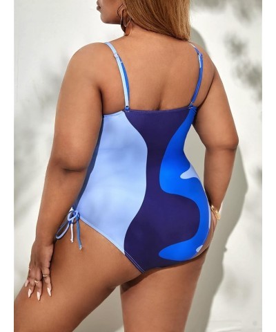 Women's Plus Size Bathing Suit Color Block Drawstring Side One Piece Swimsuit Blue $13.53 Swimsuits