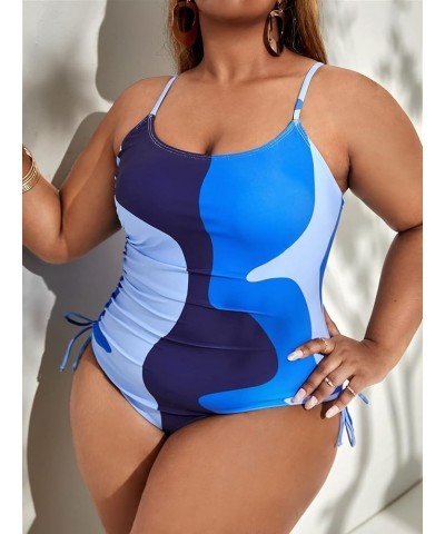 Women's Plus Size Bathing Suit Color Block Drawstring Side One Piece Swimsuit Blue $13.53 Swimsuits