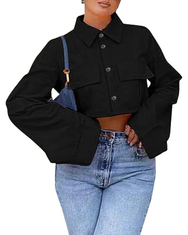 Women's Collar Button Down Long Sleeve Pocket Crop Top Loose Shirt Blouse Solid Black $17.15 Blouses