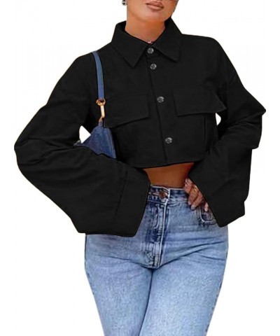 Women's Collar Button Down Long Sleeve Pocket Crop Top Loose Shirt Blouse Solid Black $17.15 Blouses