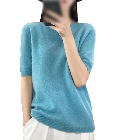 Women Spring Stylish Office O-Neck 100% Merino Wool Pullover Half Sleeve Cashmere Sweater Blue $21.46 Sweaters