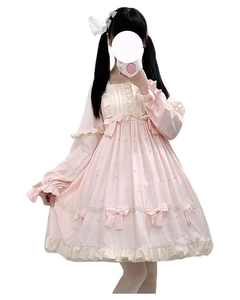 Lolita Cute Dresses for Teens Japanese Style Sweet High Waist Long Sleeve Dress Pink $26.94 Dresses