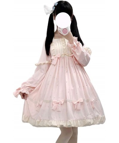 Lolita Cute Dresses for Teens Japanese Style Sweet High Waist Long Sleeve Dress Pink $26.94 Dresses