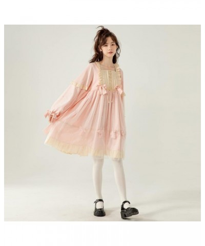 Lolita Cute Dresses for Teens Japanese Style Sweet High Waist Long Sleeve Dress Pink $26.94 Dresses