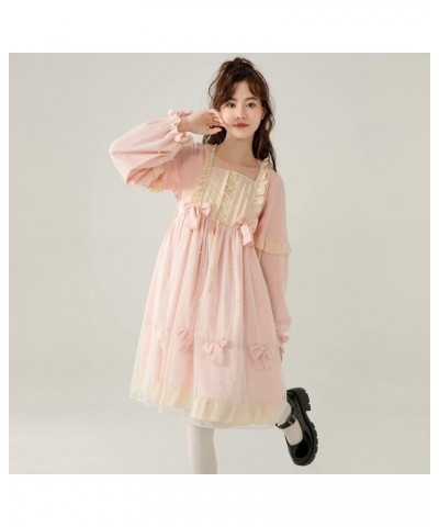 Lolita Cute Dresses for Teens Japanese Style Sweet High Waist Long Sleeve Dress Pink $26.94 Dresses