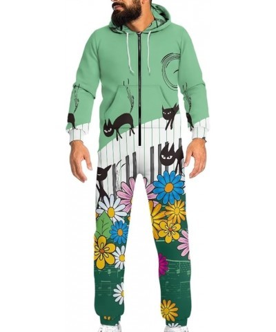 Unisex Hooded Jumpsuit Onesie Rompers Long Sleeves One Piece Pajamas Overalls Warm Tracksuit with Hooded Pockets Cats Piano M...