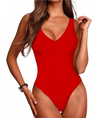 Women's Scoop Neck Bodysuits Sleeveless Tank Top Jumpsuits V Neck- Red $11.24 Bodysuits