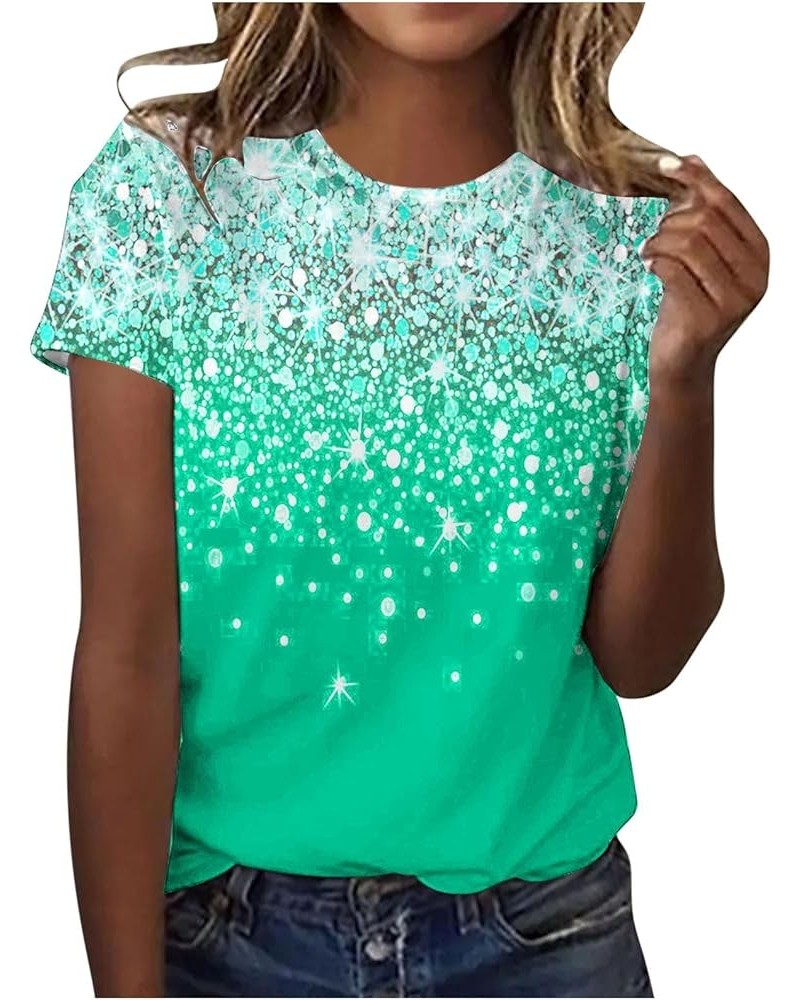 2024 Fashion T-Shirts for Women Sparkly Textured Sequin Shirts Tops Short Sleeve Funky Fun Lounge Tees Y2K Girls Top Green $5...