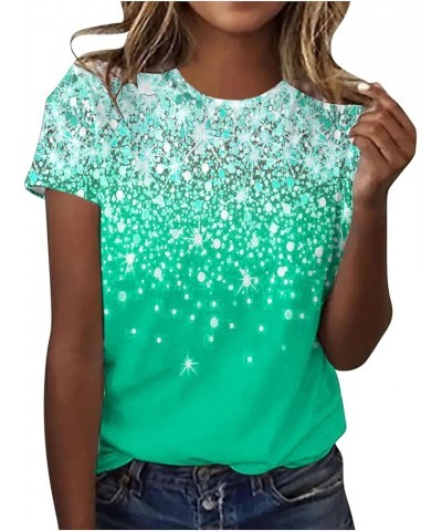 2024 Fashion T-Shirts for Women Sparkly Textured Sequin Shirts Tops Short Sleeve Funky Fun Lounge Tees Y2K Girls Top Green $5...