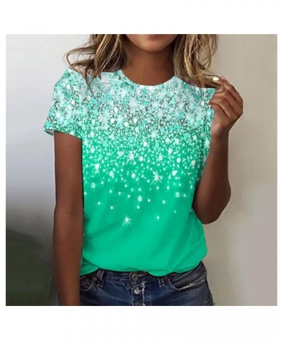 2024 Fashion T-Shirts for Women Sparkly Textured Sequin Shirts Tops Short Sleeve Funky Fun Lounge Tees Y2K Girls Top Green $5...