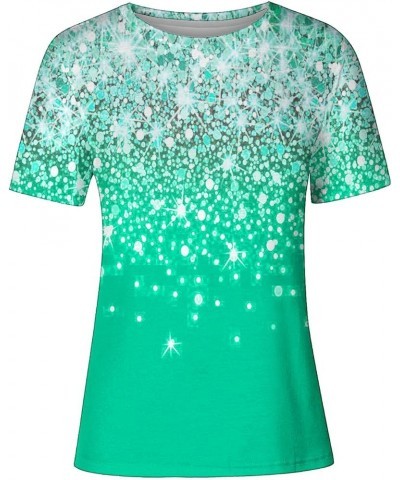 2024 Fashion T-Shirts for Women Sparkly Textured Sequin Shirts Tops Short Sleeve Funky Fun Lounge Tees Y2K Girls Top Green $5...