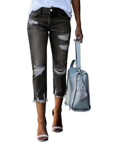 Women's Distressed Raw Hem Boyfriend Jeans Ripped Straight Leg Denim Pants C Black $20.51 Jeans