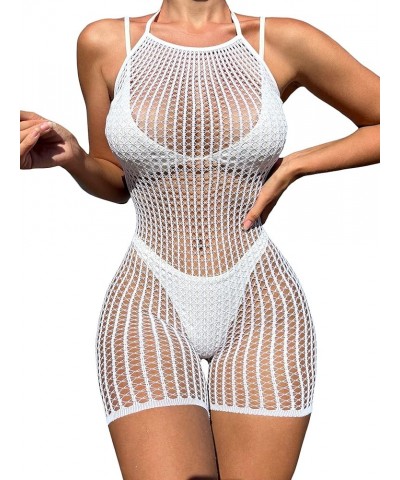 Women's Swim Beach Cover Up Tie Back Halter Sheer Fishnet Cover Up Romper White $9.46 Swimsuits