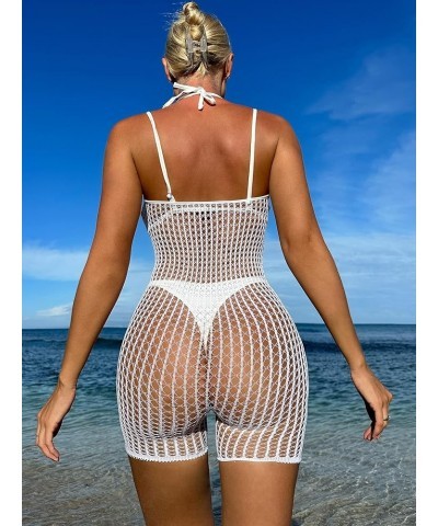 Women's Swim Beach Cover Up Tie Back Halter Sheer Fishnet Cover Up Romper White $9.46 Swimsuits