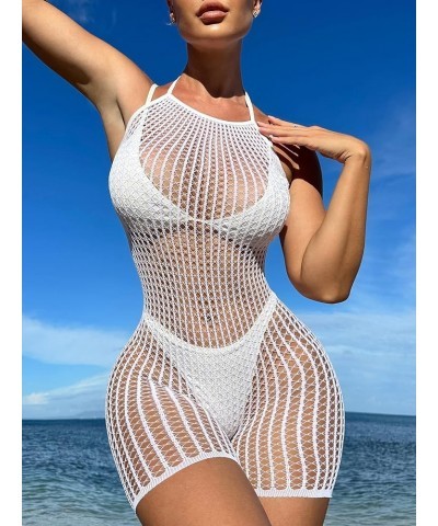 Women's Swim Beach Cover Up Tie Back Halter Sheer Fishnet Cover Up Romper White $9.46 Swimsuits