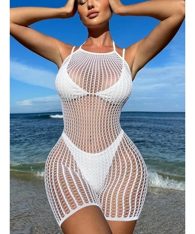 Women's Swim Beach Cover Up Tie Back Halter Sheer Fishnet Cover Up Romper White $9.46 Swimsuits