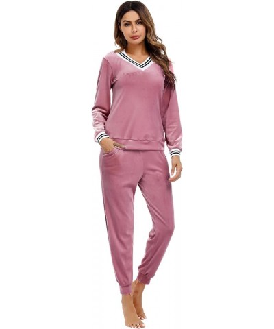 Women's Striped V Neck Velour Tracksuit Two Piece Sweatsuits Sets with Pocket Dark Pink $27.03 Activewear