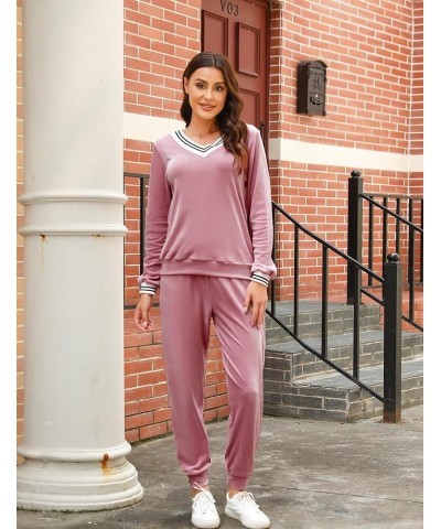 Women's Striped V Neck Velour Tracksuit Two Piece Sweatsuits Sets with Pocket Dark Pink $27.03 Activewear