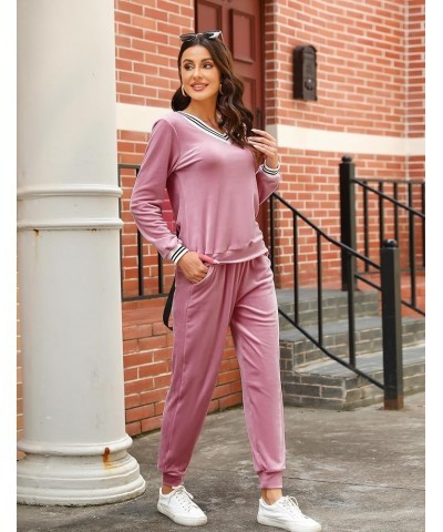 Women's Striped V Neck Velour Tracksuit Two Piece Sweatsuits Sets with Pocket Dark Pink $27.03 Activewear