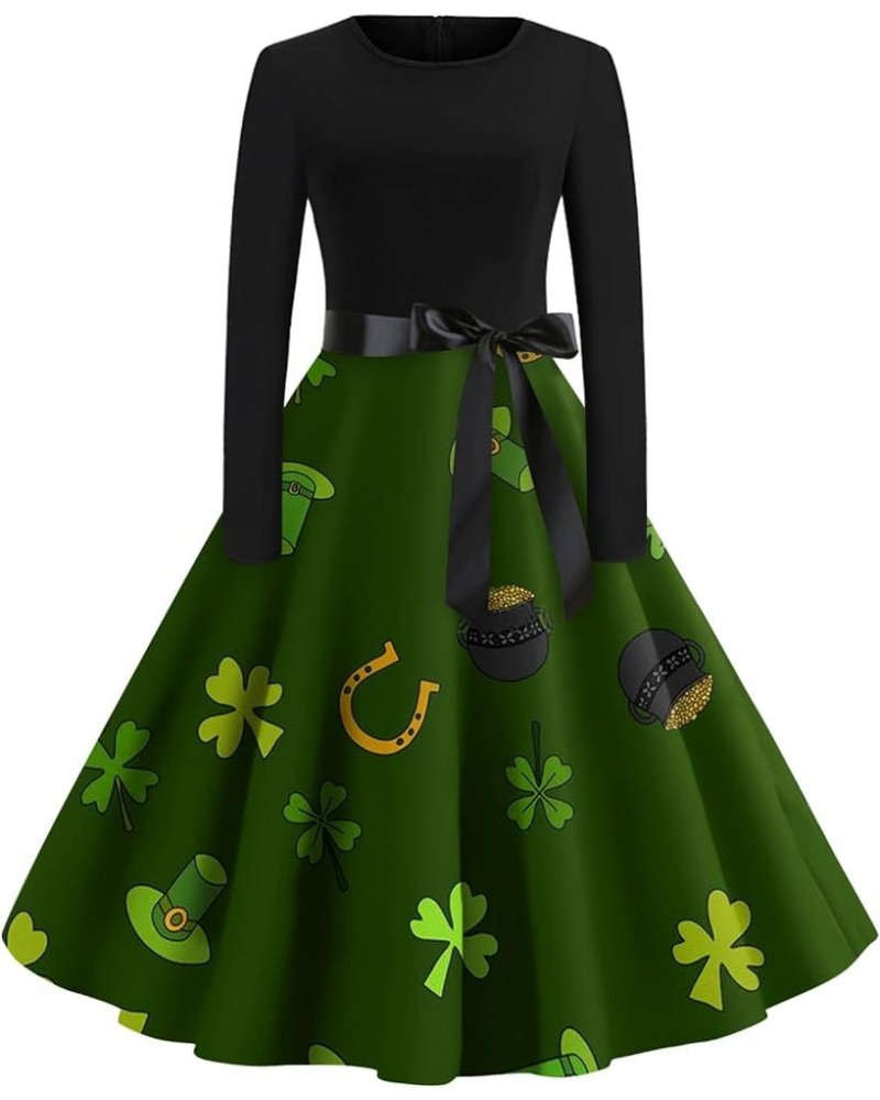 St. Patrick's Day Dress for Women,A-Line Holiday Dress Casual V-Neck Long Sleeve Loose Elegant Midi Dress for Party 01-dark G...